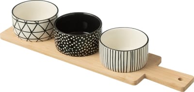 J-Line tapasplank 3 kommen + schaal - keramiek/hout - wit/zwart