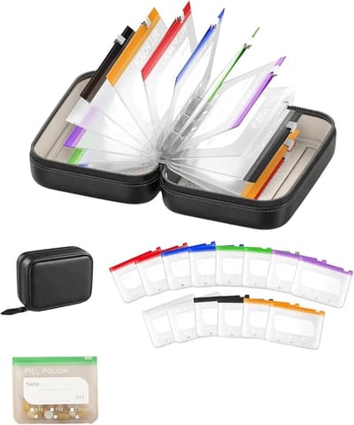 Pillendoos - Opbergdoos - Waterdichte Pillenzak Set - 14-delig Weekpillen Organizer met Gekleurde Zakjes - Herbruikbare Reis Medicijnhouder - Zwart