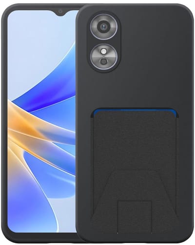 Geschikt voor Oppo A17 Telefoonhoesje met Verstelbare Leren Pasjeshouder - Flexible Back Cover Case Siliconen TPU with Adjustable Leather Cardslot - Zwart - Smartphonica geschikt voor Oppo A17