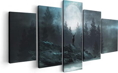 Artaza Canvas Schilderij Vijfluik Hert Op Een Rots Tijdens Volle Maan - 100x50 cm - Wanddecoratie Woonkamer - Schilderijen - Muurdecoratie