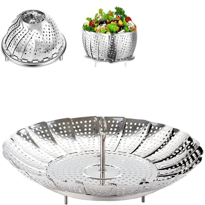 Opvouwbare stoomkoker van roestvrij staal - multifunctioneel - fruitschaal met afdruiprek - verstelbaar en telescopisch - opvouwbaar - diameter 22 cm - zilver - 1 stuk