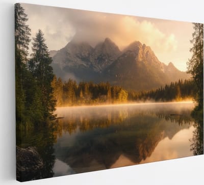 Saammp Canvas Schilderij - Natuur - Berg - Water omringd door bomen - landschap - 30x20 - Foto op canvas - Wanddecoratie - Muurdecoratie Woonkamer - Slaapkamer decoratie - Canvas Print