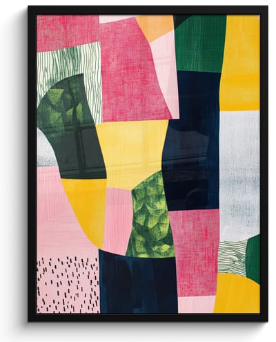 Poster in lijst - Fotolijst 60x80 cm - Posters - Abstract - Roze - Lappen - Vormen - Geel - Posterlijst zwart - Decoratie - Wanddecoratie woonkamer - Muurdecoratie slaapkamer