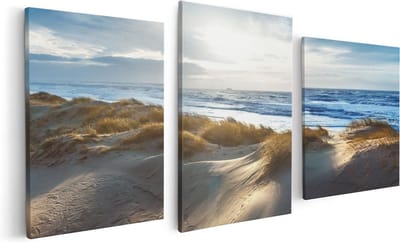 Artaza Canvas Schilderij Drieluik Duinen En Zee - 120x60 cm - Wanddecoratie Woonkamer - Schilderijen - Muurdecoratie