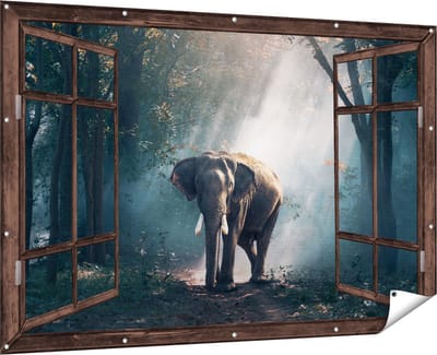 Gards Tuinposter Doorkijk Olifant in het Bos met Zonneschijn - 180x120 cm - Tuindoek - Tuindecoratie - Wanddecoratie buiten - Tuinschilderij