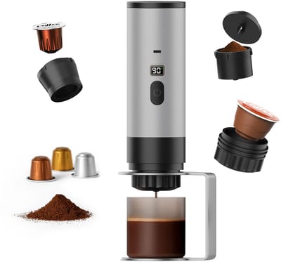 Draagbaar Koffiezetapparaat voor Onderweg van MMOBIEL - 12 Volt Portable Koffiemaker Camping met Standaard - Oplaadbaar USB-C - Koffiecups & Gemalen Koffie Espresso,Lungo, Nespresso, Camping Gadget