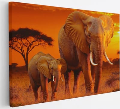 Saammp Canvas Schilderij - Olifant met kalf in zonsondergang - Afrika - Dieren - 30x20 - Foto op canvas - Wanddecoratie - muurdecoratie Woonkamer - Slaapkamer decoratie - Canvas Print