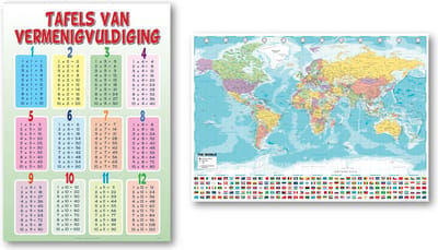 Wereldkaart en Tafels van vermenigvuldiging poster - Set van twee posters - Educatief - Formaat 50 x 70 cm