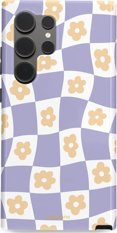 Casetastic hoesje geschikt voor Samsung Galaxy S24 Ultra - Dubbellaagse bescherming - Kronkelende madeliefjes - Fashion Case - Lila Wit Zand Lichtgrijs