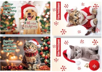 20 Luxe Kerst- en Nieuwjaarskaarten 4 x 5 dubbele kaarten met enveloppen - Kerst 03 Honden & Katten - Gratis verzonden