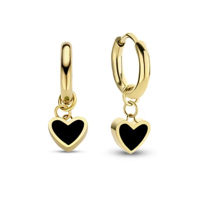CO88 Collection - 8CE-70402 - Oorbellen Dames - Oorbellen Met Hanger - 6,5x7mm Hart - Emaille - Zwart - Ø12mm - Staal - Goudkleurig