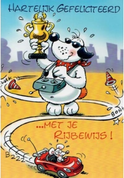 Hartelijk gefeliciteerd! Je hebt je rijbewijs gehaald! Jij verdient deze beker omdat je geslaagd bent! Een ontzettend leuke kaart om zo te geven of om bij een cadeau te voegen. Een dubbele wenskaart inclusief envelop en in folie verpakt.