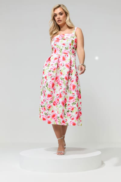 Yours London Witte Midijurk Met Bloemenprint En Vierkante Hals Size 42
