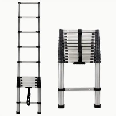 Telescoopladder van Roestvrij Staal – 3.8 Meter Inklapbare Ladder met Antislip Voeten & Veiligheidsslot – Compacte en Stevige Uitschuifbare Trap voor Huis & Kluswerk