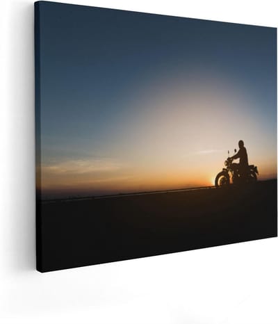 Artaza Canvas Schilderij Motorrijder - 50x40 cm - Wanddecoratie Zon - Muurdecoratie Mannen - Schilderijen Op Canvas Silhouet