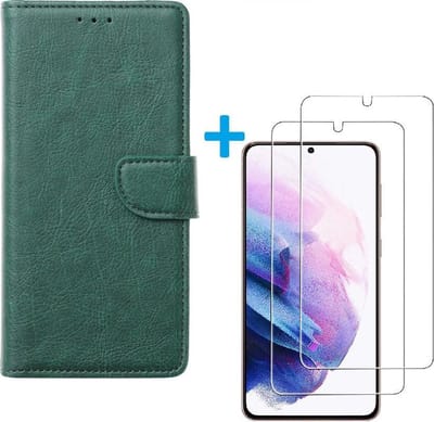 Bookcase Geschikt voor: Samsung Galaxy S21 Ultra 5G - Groen - portemonnee hoesje met 2 stuks Glas Screen protector