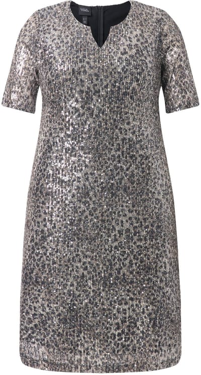 Ulla Popken - Dames - Paillettenjurk luipaardmotief A-lijn korte mouwen - Beige - Maat 48
