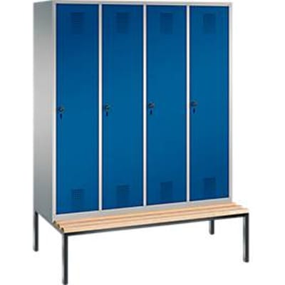 Kapstok Evolo S 3000, staal, Zitbank 4 compartimenten met telkens b 400 mm, Draaigrendel, blank aluminium RAL 9006/gentiaanblauw RAL 5010
