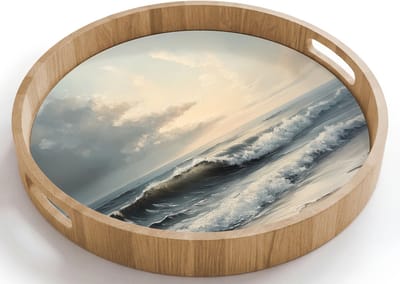 Dienblad rond 40x40 cm - Schootdienblad hout - Strand - Zee - Zonsondergang - Borrelplank rechthoek - Plateau houten dienbladen