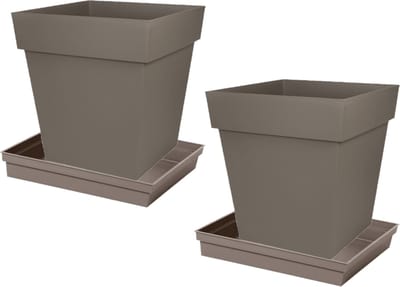 Set van 2x stuks bloempotten Toscane vierkant kunststof taupe 32 x 32 x 32 cm inclusief onderschalen - Bloempot set