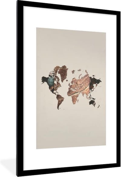 Poster in lijst - Fotolijst 60x90 cm - Posters - Wereldkaart - Hout - Boom - Posterlijst zwart - Decoratie - Wanddecoratie woonkamer - Muurdecoratie slaapkamer
