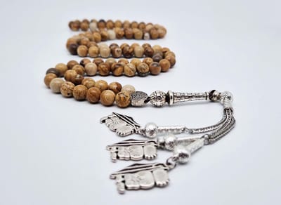 Handgemaakte tesbih "Tasbih" natuursteen "Picture Jasper" - Aantal kralen 99 - Diameter kralen 8MM - met metaal tassel "Hanzala" - Een mooi cadeau-idee