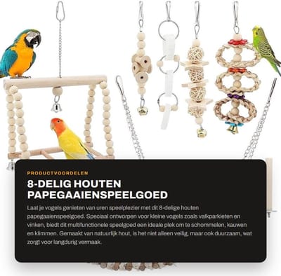 Dailygoods- Papegaaienspeelgoed 8-delig - Houten Vogel Speelgoed - Multifunctioneel Schommelspeelgoed - Natuurlijk Hout - Veilig en Duurzaam - Geschikt voor Valkparkieten - Vogelspeelgoed