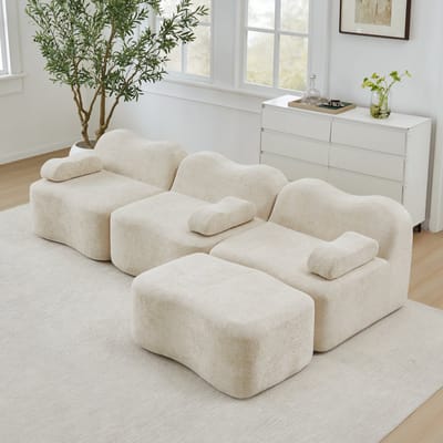 Wishdor Modulair Hoekbankstel Met Ottoman - Diepe Zitting En Verplaatsbaar Armkussen - Golfvormig Ontwerp - Voor Woonkamer - Fluweel - Beige