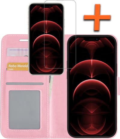 Hoes - Met Screenprotector - Geschikt voor Apple iPhone 14 Plus - Luxe Pasjeshouder - Bookcase Portemonee - Flip Case - Kunstleer Book Case - Flipcase - Book Cover - Walletcase - PortemonneeHoes - Lichtroze