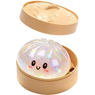Boule Anti-Stress Dumpling Pailletée avec Boîte Dumplings Jouet Sensoriel à Presser Décompression Montée Lente Anti-Stress Cadeau Sensoriel blanc