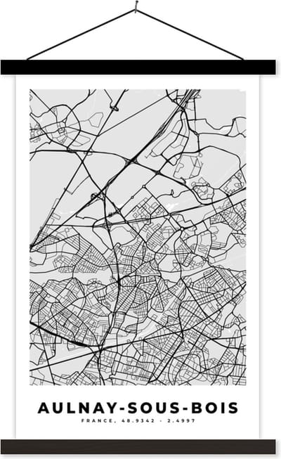 Posterhanger incl. Poster 40x60 cm - Schoolplaat - Kaart - Stadskaart - Aulnay-sous-Bois - Plattegrond - Frankrijk - Textielposter - Zwarte latten - Stadskaart