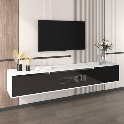 REDOM TV-meubel 180x35x30 cm van spaanplaat, hoogglans zwart-wit met ribdeuren en kleurwisselende LED