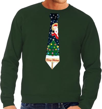 Bellatio Decorations Foute kersttrui - sweater - met stropdas in kerst print - groen - voor heren S