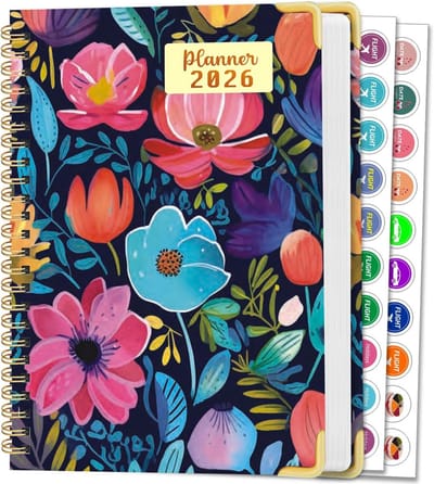 Planner 2026 – Week- & Maandplanner Hardcover A5, Bloemen Organizer met Tabs, Notitiepagina's en Stickers voor Werk en Studie
