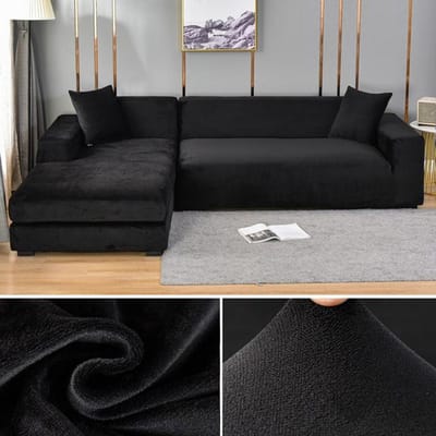 Fluwelen bankhoes elastische dikke L-vormige hoekbankhoes voor woonkamer 1 / 2 / 3 / 4 zits stretchhoes voor bank, bank, fauteuil 1 Seater 90-140cm zwart