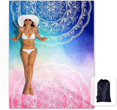 SnelShoppen - Zandvrij Stranddeken 213x185 cm, Silky Soft Mat met Hoekzakken, Ideaal voor Strandfeest, Kamperen, Muziekfestival, Mandala Blauw Roze