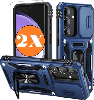 Hoesje Geschikt voor Samsung Galaxy S25 / S24 hoesje backcover Blauw met Met Draaibare Ring Houder en camera bescherming - Galaxy S25 / S24 Screenprotector - 2 stuks