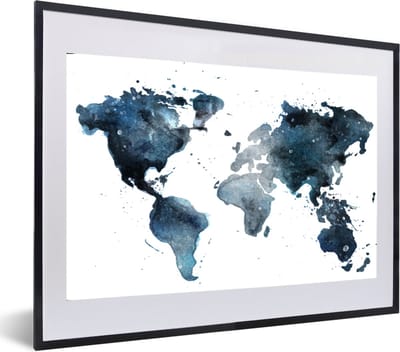 Poster in lijst - Fotolijst 60x40 cm - Posters - Wereldkaart - Blauw - Abstract - Posterlijst zwart - Decoratie - Wanddecoratie woonkamer - Muurdecoratie slaapkamer
