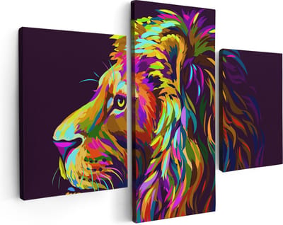 Artaza Canvas Schilderij Drieluik Gekleurde Leeuw - Leeuwenkop - Abstract - 90x60 - Foto Op Canvas - Canvas Print