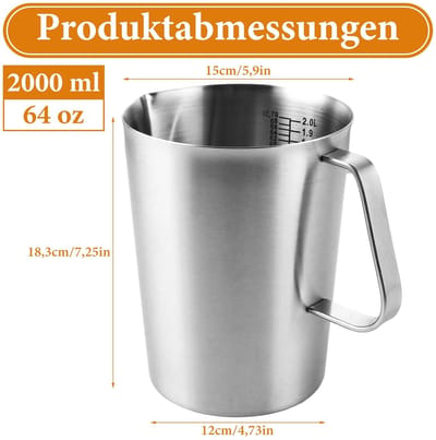 Dailygoods- Maatbeker 2 Liter - Roestvrij Staal - Melkopschuimbeker - Handvat - Druppelbescherming - Gegradueerde Markeringen - Mengbeker