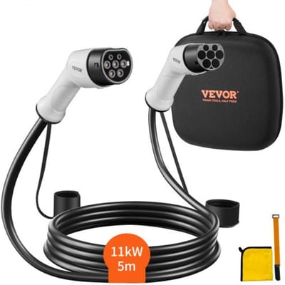VEVOR Type 2 laadkabel voor elektrische/hybride EV's, laadkabel voor e-cars, wallbox 11kW TPU laadkabel, 5 meter kabellengte, 3-fasen AC 380V, Type 2 naar Type 2, water- en stofbestendig, compatibel met alle Type 2 modellen.