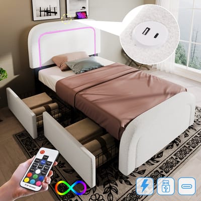 DESMIU Gestoffeerd Bed 90x200 cm – USB-C Oplaadfunctie & LED-Verlichting – Verstelbaar Hoofdbord – 2 Laden – Eenpersoons Slaapkamer – Sherpa – Wit – Met Matras