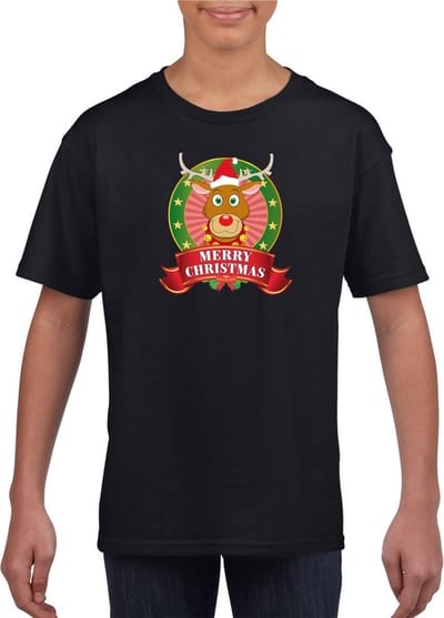Kerst t-shirt voor kinderen met rendier Rudolf print - zwart - Kerst shirts voor jongens en meisjes 110/116