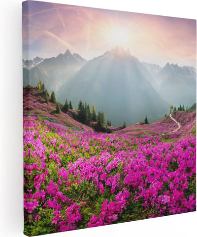 Artaza Canvas Schilderij Berglandschap - 80x80 cm - Wanddecoratie Bloemenveld - Muurdecoratie Bergen - Decoratie Zonsopgang