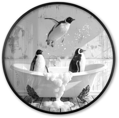 Poster in lijst Rond - Fotolijst 60x60 cm - Posters - Pinguïns - Vintage - Dieren - Zwart - Wit - Ronde posterlijst zwart - Decoratie - Wanddecoratie woonkamer - Muurdecoratie slaapkamer