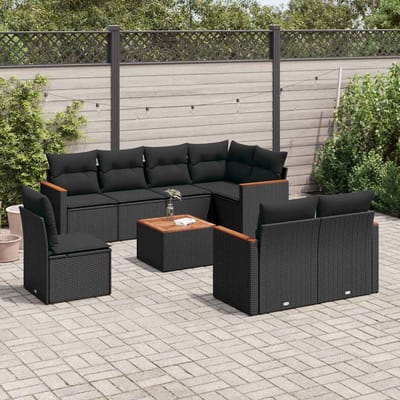 vidaXL - 9-delige - Loungeset - met - kussens - poly - rattan - zwart
