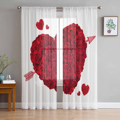 Valentijnsdag Rode Bloem Roos Hart Witte Transparante Gordijnen voor Woonkamer Decoratie Raamgordijnen Keuken Tule Voile Gordijnen W135 x H115cm x1 brown