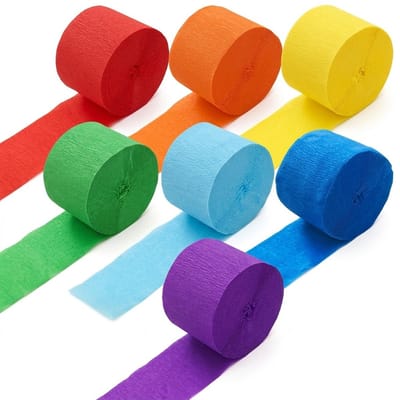 Iriserende regenboog kleuren crepe papier rollen set – 7 stuks gekleurd papier lint 4,5 cm x 10 m – decoratie linten voor feest versiering, knutselen en achtergrond decoratie