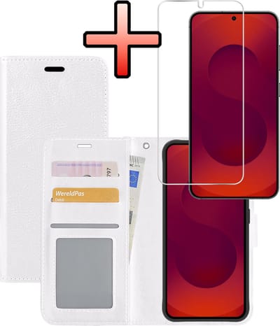 Hoesje - Met Screenprotector - Geschikt voor Samsung Galaxy S25 - Luxe Pasjeshouder - Bookcase Portemonee - Flip Case - Kunstleer Book Case - Flipcase - Book Cover - Walletcase - Portemonneehoes - Wit