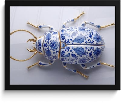 Poster in lijst - Fotolijst 40x30 cm - Posters - Kever - Delfts - Blauw - Goud - Posterlijst zwart - Decoratie - Wanddecoratie woonkamer - Muurdecoratie slaapkamer
